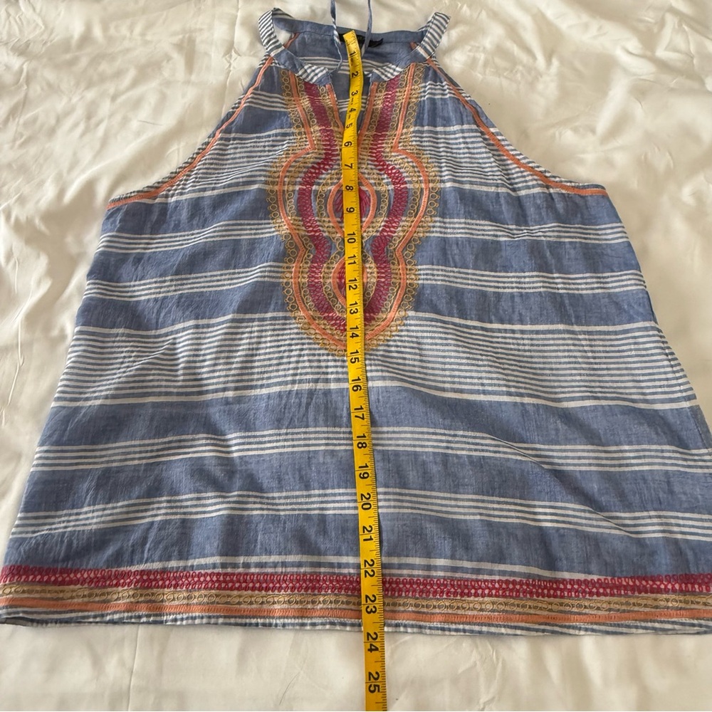 TMHL Anthropologie Blue & White Sleeveless Tank With Orange & Red Embroidery L - Picture 7 of 7